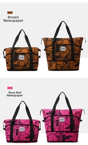 Detail view of large travel tote bags featuring vintage newspaper print in brown and magenta
