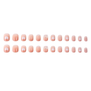 Pink gradient press-on nails with white hearts, pearls and 3D bow accents, 24-piece set