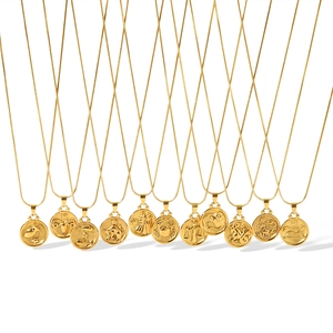 Collier Pendentif Médaille Ronde Signe Du Zodiaque Acier Inoxydable Plaqué Or 18K Bijoux Rétro Vintage Pour Femmes