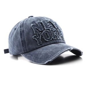 Vintage washed navy denim baseball cap with New York patch embroidery for outdoor sports