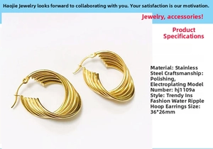 Detailed view of twisted wave 18K gold-plated stainless steel earrings, size 36x26mm