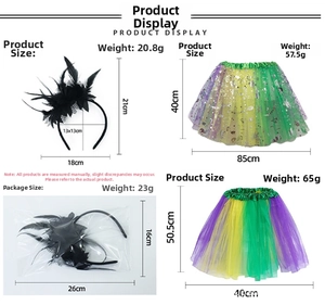 Size chart showing feather headband and sequin skirt dimensions for carnival party wear