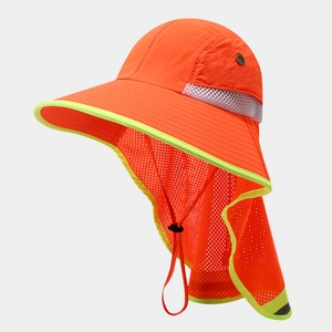 Macro view of high-visibility orange neck flap hat with breathable mesh and reflective trim