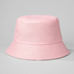 Detailed close-up of light pink twill cotton bucket hat showing reinforced brim stitching