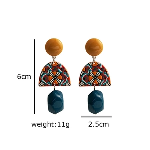 Detail view of acrylic drop earrings with 6cm length and 11g weight measurements