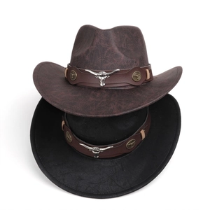Western Cowboy Hat Vintage Faux Suede Cracked Texture With Metal Bull Head Accessory Retro Jazz Style Outdoor Sunshade