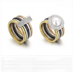 Detail view of multi-layer stainless steel shell rings with rhinestones and measurements
