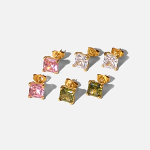 Elegant 18K gold-plated stainless steel earrings with square-cut zircons in three colors