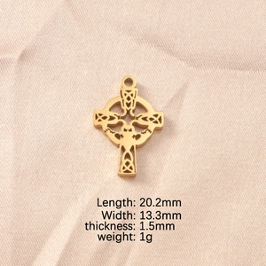 Detail showing dimensions of gold hollow Celtic knot cross pendant in mirror steel
