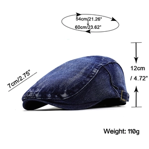 Navy blue washed denim flat cap with adjustable metal buckle and product dimensions