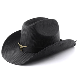 Chapeau de cowboy western noir tissé avec emblème de longhorn doré et ruban en cuir