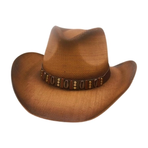 Vintage brown straw western cowboy hat with decorative beads and wide upturned brim