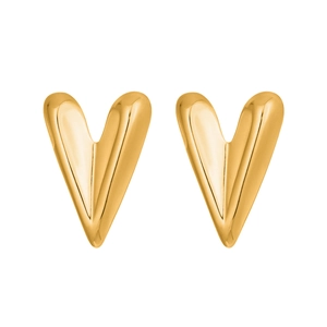 Close-up of minimalist V-shaped gold-plated heart earrings with high-polish finish