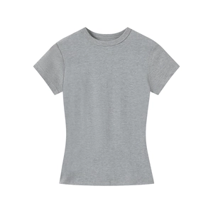 Detail shot of grey crew neck T-shirt with soft fabric texture and fine marl effect