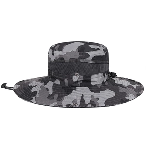 Outdoor wide brim camo sun hat with breathable mesh and adjustable chin strap