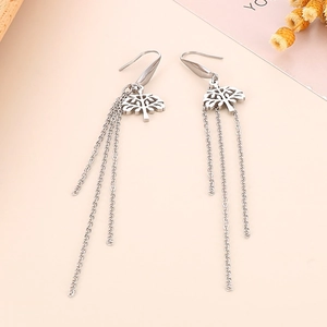 Silver tree of life earrings with long chain tassels and polished stainless steel finish