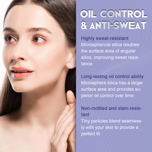 Detail showing lavender matte powder oil control and anti-sweat microspherical silica tech