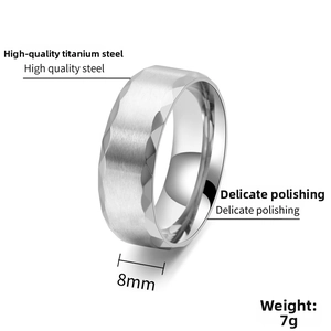 Detail view of 8mm wide brushed titanium steel ring with faceted edges and polished finish