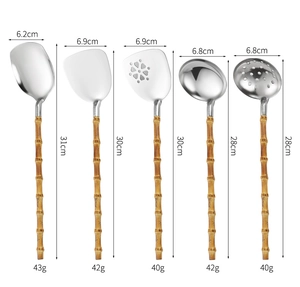Detailed size specifications for the stainless steel kitchen utensils with bamboo handles