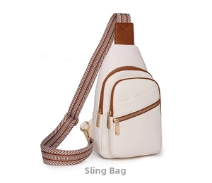 Detail view of cream PU crossbody bag with brown trim and geometric patterned strap