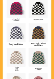 Detailed grid showing diverse checkerboard knit beanies in multiple color combinations