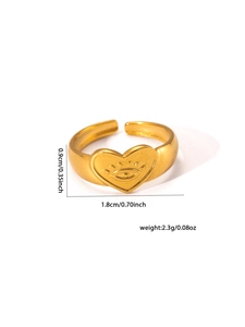 Detail showing 18k gold plated evil eye heart ring dimensions and size measurements
