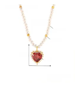 Detail view of heart zircon pendant pearl necklace with precise size measurements