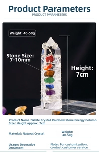 Macro detail of a 7cm natural white crystal pillar wrapped with colorful energy stones