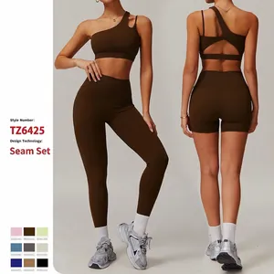 Soutien Gorge Sport Leggings Taille Haute Une Épaule Asymétrique Poches Vêtements Yoga Femme Nylon Spandex Gym Running