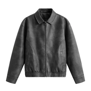 Veste rétro en similicuir gris foncé avec fermeture éclair et ourlet élastique