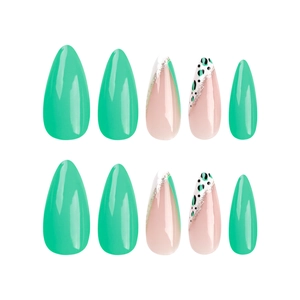 Almond press-on nails with mint green, French tips, and leopard patterns on white base