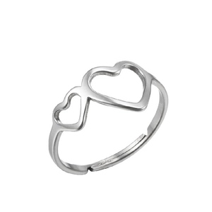 Adjustable vintage silver steel ring with geometric double heart design for women