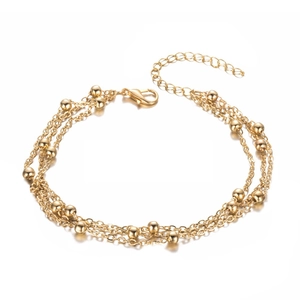 Three-layer 18K gold stainless steel bead chain anklet with lobster clasp and extension