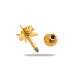 Gold star stud earring with threaded screw back ball closure on white background