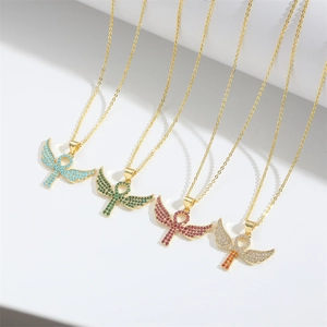 Hip hop angel wing cross pendant necklace with colorful zircon stones on gold chain