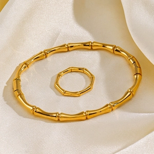 18K gold plated stainless steel bamboo joint jewelry set with open bangle and ring