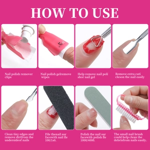 Set manicure 7 pezzi con lime e clip, mostrato in una guida dettagliata in 8 fasi