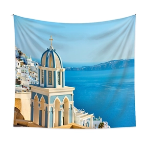 Detail of Santorini tapestry showing blue dome churches and Aegean Sea view