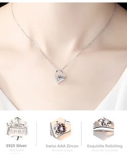 Macro detail of S925 sterling silver heart necklace with sparkling AAA cubic zirconia
