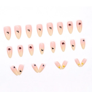 Cute cartoon insect press-on nails in long almond shape with pastel gradient and bee designs