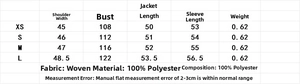 Detailed size chart for polyester bomber jacket with shoulder and chest dimensions