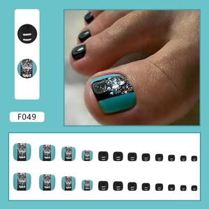 Lake blue and black glitter fake toenails set with silver sequins in 24-piece pack