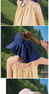 Detail of navy sun hat with wide ruffle brim and back bow decoration for women