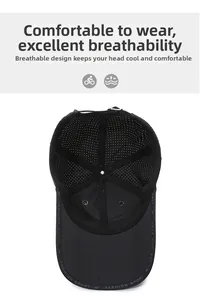 Breathable black outdoor baseball cap with laser-cut ventilation holes and sport lettering