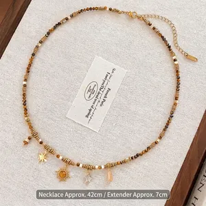 Tiger eye stone sun and star beaded necklace in vintage stainless steel style