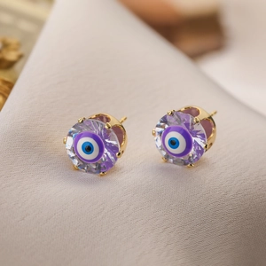 Mini gold-plated copper Evil Eye stud earrings with purple zircon and enamel inlay