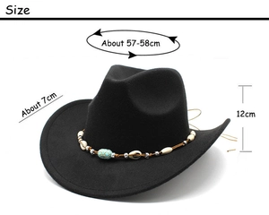 Detailed size guide of black cowboy hat with ethnic shell band and turquoise beads