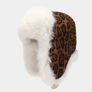 Winter faux fur leopard print trapper hat with warm ear flaps for cold weather protection