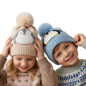 Kids Winter Knit Hat With Penguin Pattern Faux Fur Pom Pom Fleece Lined Warm Beanie For Toddler Boys Girls