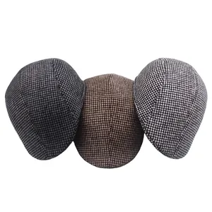 Houndstooth Beret Hat Men Cotton Woolen Padded Warm Vintage British Peaked Cap Forward Flat Cap Winter